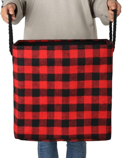 Large Rectangular Foldable Storage Baskets, Cotton Rope Handles, Soft Felt Fabric Bins, Red Black Grid