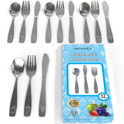 12 Piece Kids Silverware Set - Stainless Steel Flatware, Safe for Child and Toddler, Includes 4 Spoons, 4 Forks & 4