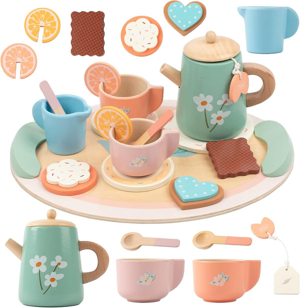 Tea Party Set for Little Girls, Wooden Kids Tea Set with Teapot