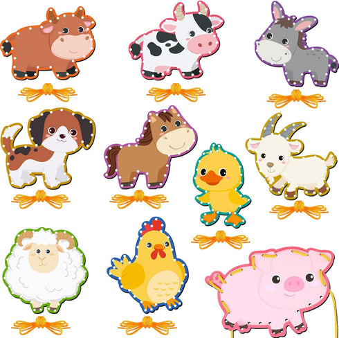 10 Pieces Kids Farm Animal Lacing Cards, Double Sided Cardboard Sewing Games for Imagination Education