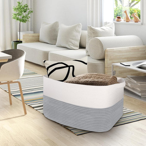 Extra Large Storage Basket, 22.8" X 14.9" X 11.8" Rectangle Woven Cotton Rope Basket for Laundry