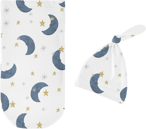 Set Sweet Jojo Designs Moon Star Baby Boy Girl Cocoon and Beanie Hat Jersey Stretch Knit Sleeping Bag Infant Newborn