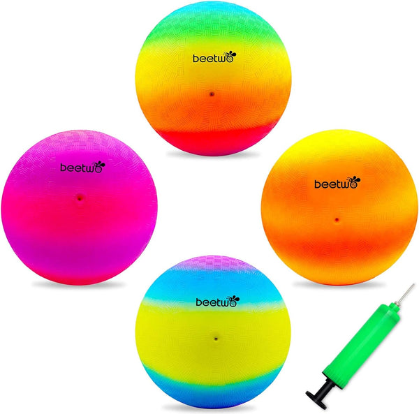 Four Square Balls, 8.5 Inch Playground Ball for Kids, Outdoor Dodgeball Kickball Handball Game with Hand Pump