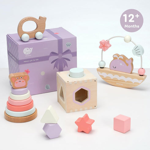 Set 12M+ 4-in-1 Pillowhale Montessori Wooden Toys for Toddlers Educational Toy with Stacking Rings, Shape Sorter, Bead