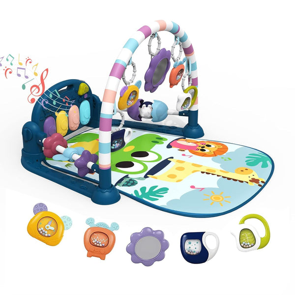 dearlomum Baby Play Mat Baby Gym, Funny Play Piano Tummy Time Activity Mat with 5 Sensory Toys, Music & Lights, New Blue