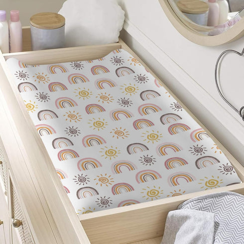 Boho Sunshine Rainbow Changing Pad Cover, Colorful Sun Sheets for Boys Girls, 32"x16" Soft Fitted Mats