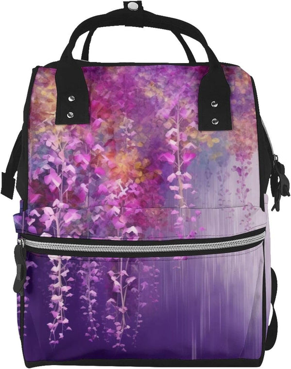 FHEDVBN Abstract Purple Weeping Flower Diaper Bag Backpack for Women Multifunction Waterproof Mummy