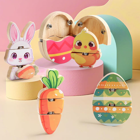 HUZU Easter Snap Builders, Easter Basket Stuffers Bunny, Carrot, Egg, Chick Wooden Puzzle Toy, Basket Essentials Take