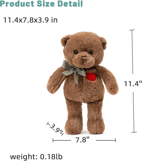 11.4” Small Teddy Bear with Heart - Cute Brown Stuffed Animals for Valentines Day Gifts