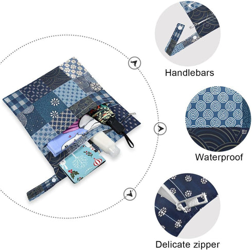Haskirky 2 Tribal Kantha Navy Patchwork Pcs Cloth Diaper Wet Dry Bags,Waterproof and Washable Bag for Travel Reusable