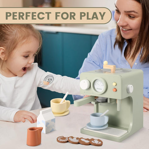 Kids Wooden Coffee Maker Toy with Grinder, Pretend Play Kitchen Appliances Gift for Toddlers