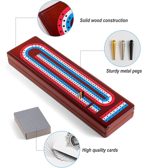 Set 3 9 2 Sets Cribbage Board Game with Large Storage Area, Solid Wood Track Cribbage Board, Metal Pegs, Playing Cards