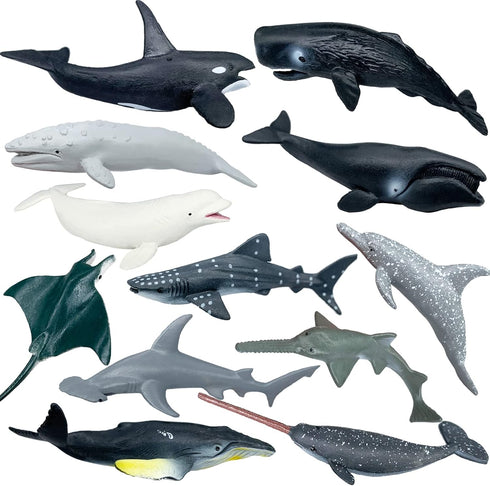 Sharks Figures Sea Animals Whale Toys Set, Ocean Animal Action Figures, 12 PCS for Kids Bath, Beach, and Parties