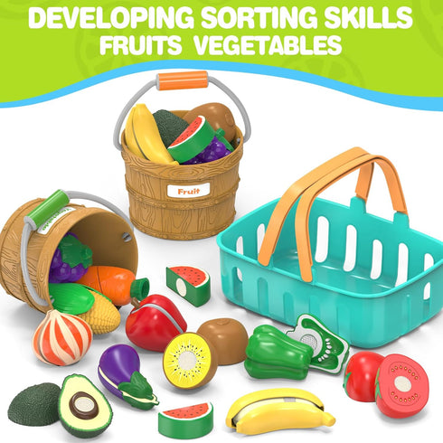 Sorting Play Food Sets - 2 Buckets with Handle, 1 Storage Basket, Fruit & Vegetable Cutting Toy for Preschool Learning
