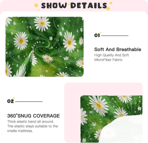 Pigsaly 27x39 Inch Crib Sheets Watercolor White Daisies Green Baby Sheet for Standard Crib Mattress Boys Girls Toddler