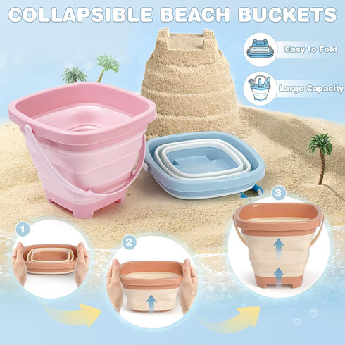 Set 3 Pack Beach Sand Toys Mesh Shovel for Kids, Collapsible Sand Buckets and Filter Sand Scooper with Mesh Bag