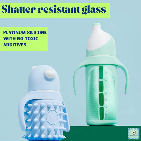 Set 2 8 oz Tabor Place of - Glass Sippy Cup for Toddlers - The Luca | Spill-Proof | Silicone Straw | Mint Green