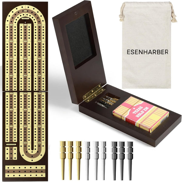 ESENHARBER Foldable Wooden Cribbage Board Set - Elegant 3-Track Design with Magnetic