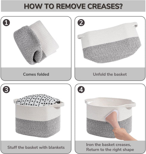 Goodpick Woven Storage Basket for Shelves, Small Laundry Basket with Handles, Grey and White