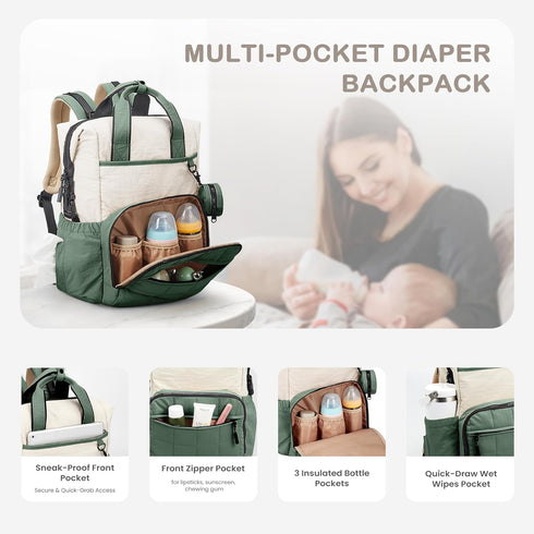 Backpack, Backpack VONAL Diaper Bag Lightweight Baby Diaper Bags, Travel Large Diaper Bag with Changing Station, Green