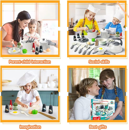 Bruvoalon 32Pcs Kids Play Kitchen Toys Set, Pretend Cooking Accessories with Pots, Pans, and Utensils