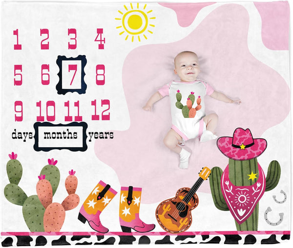 Cow Girl Baby Monthly Milestone Stuff for Newborn Photo Taken - Baby Age Blanket with 2 Frame