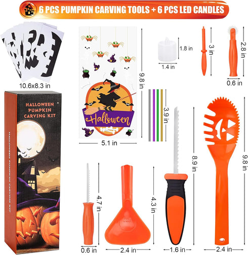 Pumpkin Carving Kit for Kids - 6 Easy Tools, 6 LED Candles, 10 Stencils & 20 Halloween Candy Bags