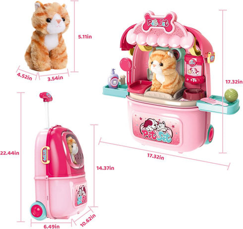 MAGIC4U 29PCS Set, 3-12 Pet Cat Care Carrier Suitcase Toy, Vet Clinic and Doctor Kit for Kids, Pet Kitty Grooming
