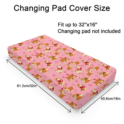 Valentine Corgi Love Changing Pad Cover Cute Dogs Lovers Gift Diaper Change Table Pad Covers for Girls Boys Soft Breathable Stretchy Snug Fitted Baby Changing Mat Sheets 32''x16''