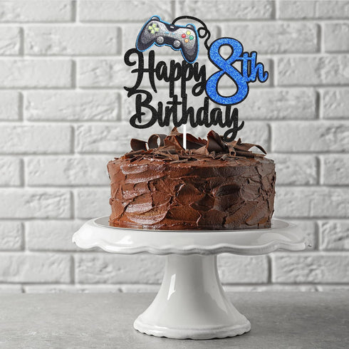 Video Game Happy 8th Birthday Cake Topper - Blue Cake Supplies for Video Game Boy's 8th Birthday Party - Game On Level