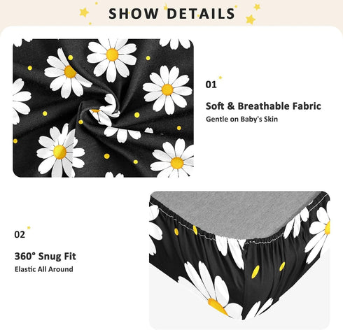 CZXW 52" 28" Black White Daisy Crib Sheets Fitted x Natural Cotton Soft & Breathable for Baby Crib Mattress