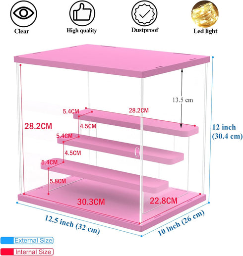 DuvinDD Acrylic Display Case for Doll Toy - Clear Countertop Showcase - Dustproof Protection - Pink (12.5" L x 10" D x