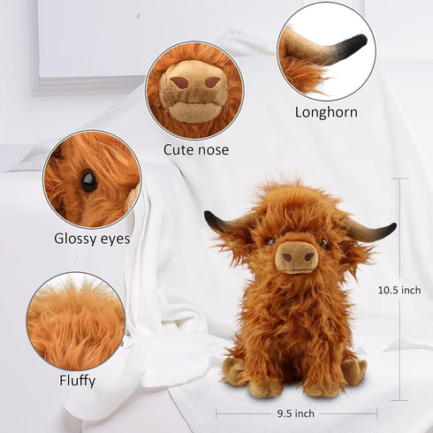 10.5 Inches Highland Cows Stuffed Animals, Cute Fluffy Cow Plush Figure Toys for Kids Baby Girls Boys