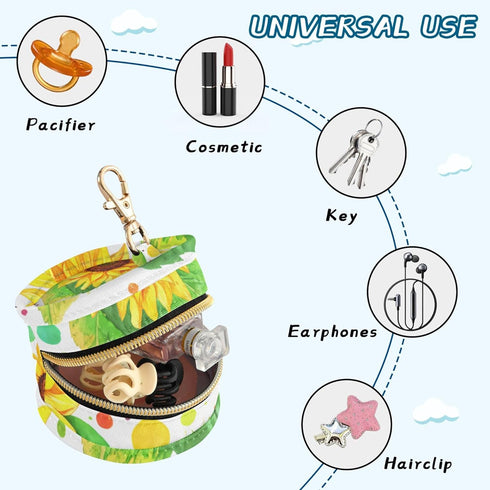 PYBUG Sunflower Round Pacifier Storage Case, Polyester & TPU Lined with Hook Buckle, Pacifier Container Box for Baby