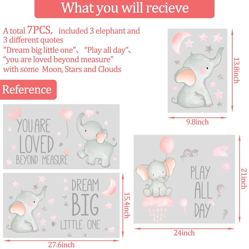 Outus 7 Pcs Dream Big Little One Elephant Nursery Wall Stickers Wall Decor Baby Room Moon Hot Air Balloon Pink Grey