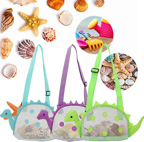 AUONY Swimming Beach Toy Mesh Beach Bag Kids Shell Bag Dinosaur Beach Sand Toy Totes for Holding Shells Beach Toys Sand