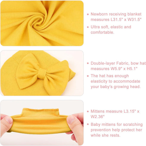 Baby Girl Newborn Receiving Blanket with Matching Bow Hat and Mittens Set Baby Swaddle Blanket Shower Swaddle Gift
