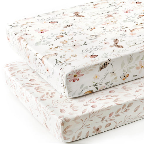 GRSSDER Stretch Ultra Soft Jersey Knit Fitted Crib Sheets Set 2 Pack,Fit All Standard Crib Mattress Pads Safe and Snug, Crib Fitted Sheet for Girls, Beautiful Blush Pink Floral and Cute Animals Print by GRSSDER