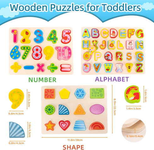 Wooden Alphabet Number Shape Learning Puzzles for Toddlers, 3 in 1 ABC Letter Puzzle Board Set for Ages 3-5 Educational