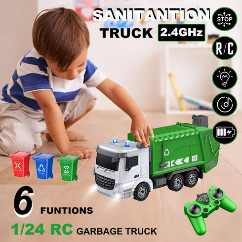 2.4Ghz Remote Control Garbage Truck Toys, 1/24 RC Garbage Truck with 4 Trash Cans, 6 Channel Waste Management, 100pcs