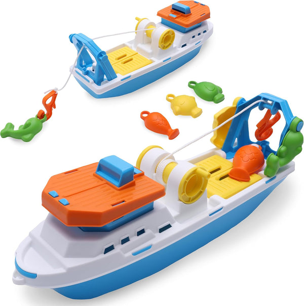Toyland 40cm (16") Colourful Fishing Boat with Moveable Doors, Fishing Hook & 4