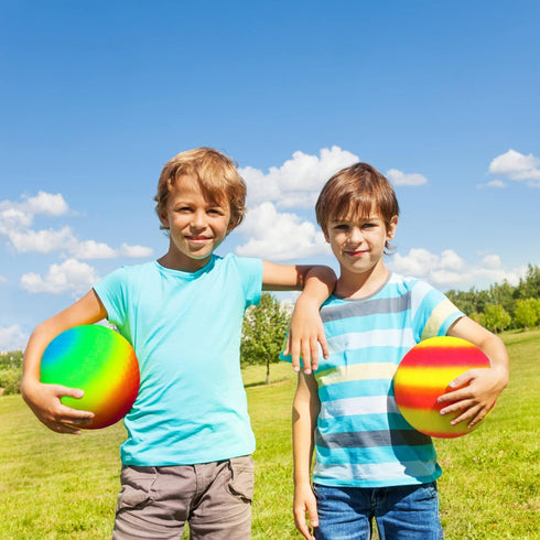 Hooqict 6 Pack 8.5 Inch Playground Balls - Inflatable Rainbow Sports Balls with Hand Pump and Portable Ball Net Bags