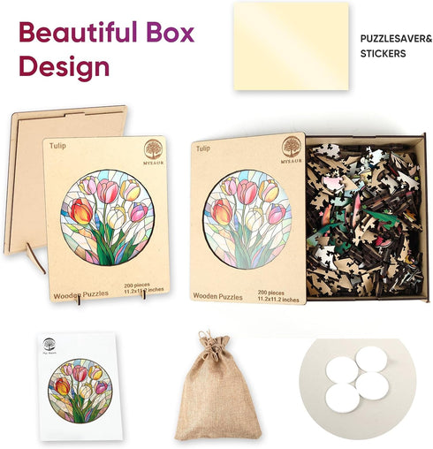 200 5MM 11.2 11.2inch MYS AUR Puzzles for Adults, Tulip Stained Glass Wooden Puzzles Pieces, Thick Unique Shaped Flower