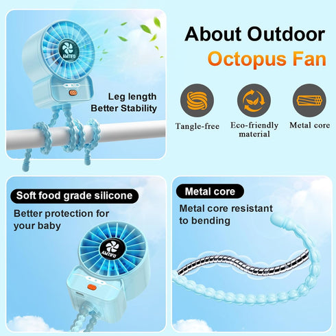 AMTIFO Blue Baby Fan - USB Rechargeable, Quiet, Adjustable Speed, Portable Cooling Fan for Baby Stroller, Car Seats