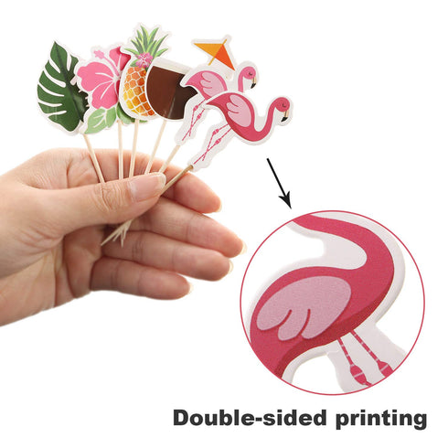 Luau Cupcake Toppers | Tropical Cake Decorations with Flamingo, Pineapple, Palm Leaves | 72 Picks