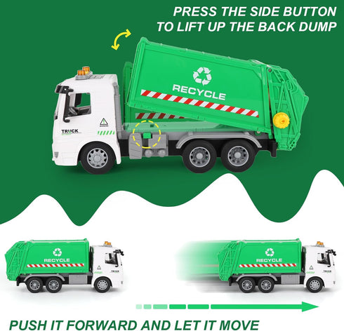 Mscredse 11" 3-7 Mini Garbage Truck Toy, Trash Truck Toy with Dumping Function, Friction Powered, Sound and Lights