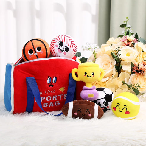 7 Playset, HyDren Pcs My First Sports Bag Plush Toys Bulit-in Bell Sports Balls and Trophy for Kids Throwing Toys Gift