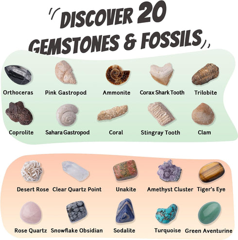 10 10 Set, 8+ Gemstone and Fossil Dig Kit Excavate Gems and Fossils, STEM Geology Educational Toy, Science Kit for Kids