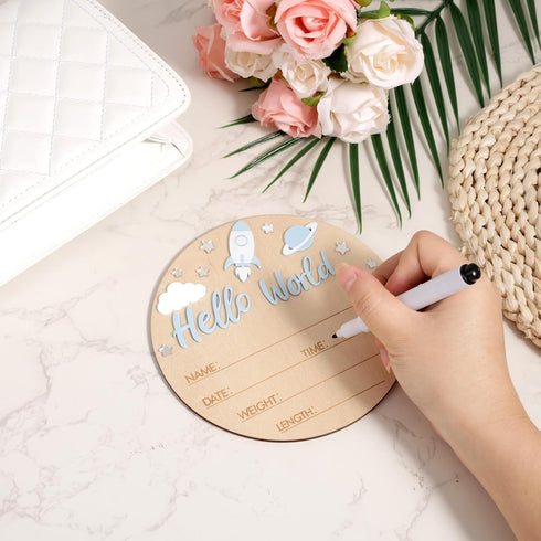 Penitue 5.9in Hello World Baby Announcement Sign, Wooden Newborn Birth Sign with Pen Rocket & Planet Decor Hospital