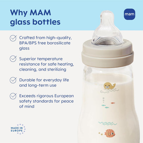 6oz 0+ 3 Pack MAM Premium Glass Wide Neck Baby Bottle with Slow Flow Breastfeeding-Like Silicone Nipple, Easy